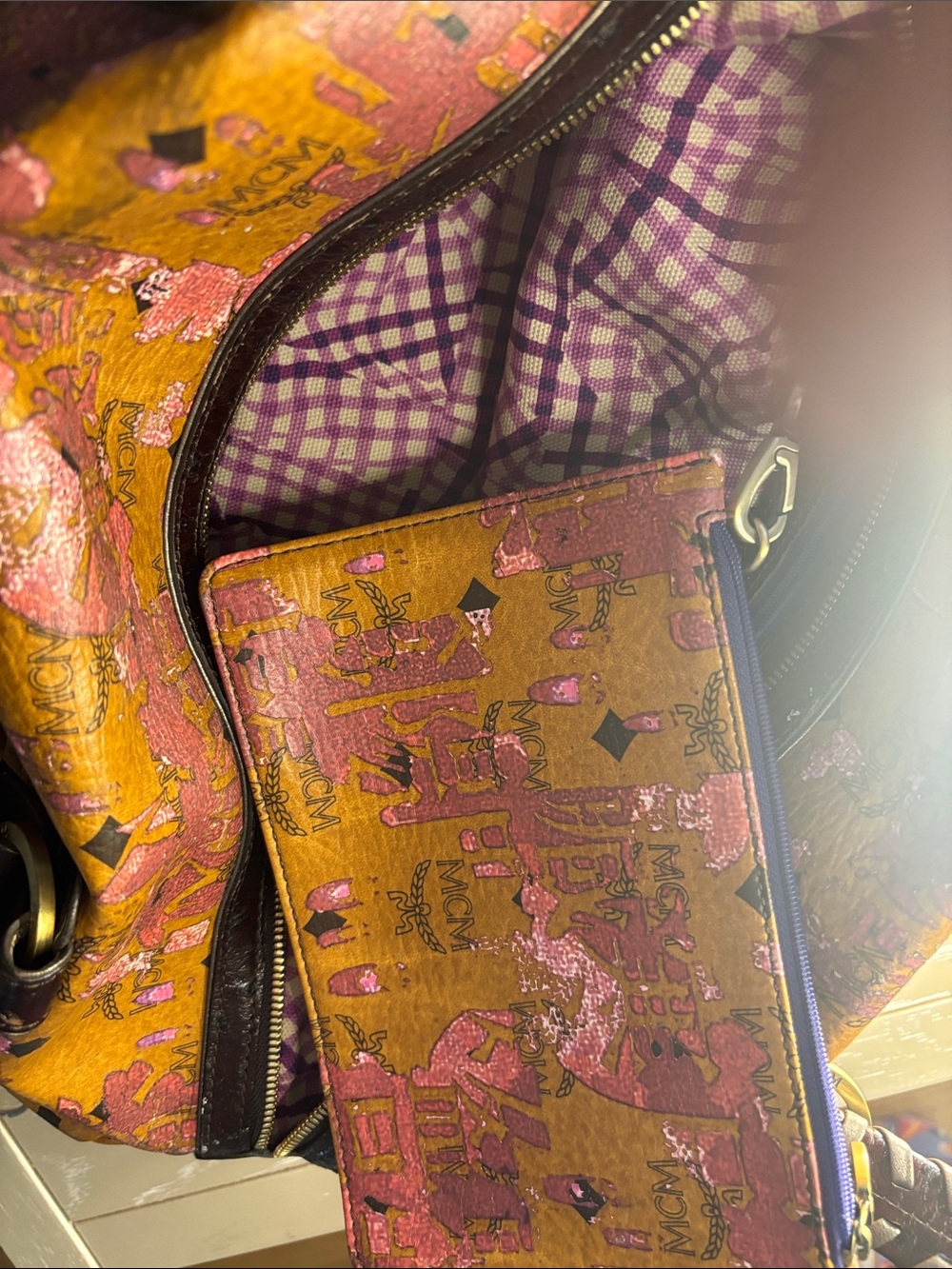 MCM Cognac Visetos Shoulder Bag with Pink Metallic Accents - Picture 12 of 12
